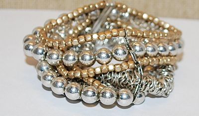 Unique Silver & Gold Tone BRACELET (2¾" Opening) with 7 Rows of Globes, Squares and Clustered Loop Designs & NO Clasp