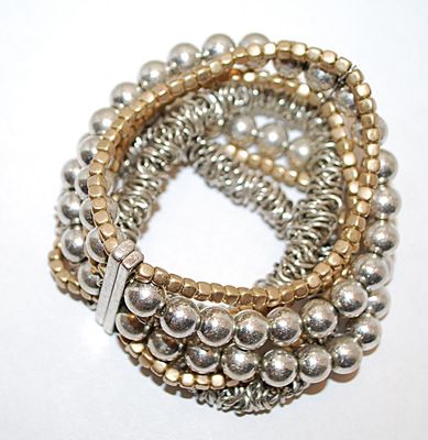 Unique Silver & Gold Tone BRACELET (2¾" Opening) with 7 Rows of Globes, Squares and Clustered Loop Designs & NO Clasp