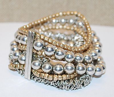 Unique Silver & Gold Tone BRACELET (2¾" Opening) with 7 Rows of Globes, Squares and Clustered Loop Designs & NO Clasp
