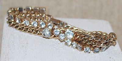 Beautiful "Diamond-Style" BRACELET (6" Circumference) with Gold Tone CHAIN LINK Band & Snap Lock Clasp