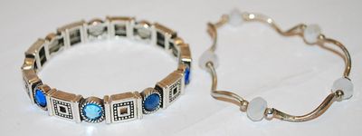 Collection of 2 Elastic BRACELETS (2" Opening) with BLUE Round Stones + Square Accent Segments and Opaque Prism Stones and Wire Curves