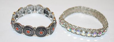 Collection of 2 Elastic BRACELETS (2"+ Opening) with Silver Colored Disks & Orange Centers and Infinity Iridescent Stones (1...