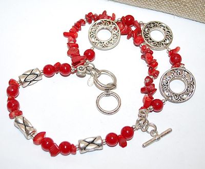Red Beaded 3 Strand Large Opening UPPER ARM/BRACELET (4½" Opening) - Marked "JC" - with 3 Designed Disks & Toggle Clasp