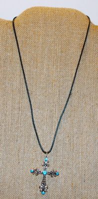 Aqua Blue Stones Cross PENDANT (1¾" x 1¼") on a Black Rope Chain 17" L