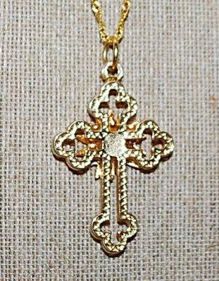 Bright Gold Colored "TABERNACLE" CROSS/PENDANT (2" x 1¼") on a Gold Tone Necklace Chain 18" L