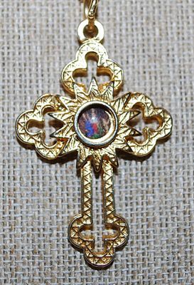 Bright Gold Colored "TABERNACLE" CROSS/PENDANT (2" x 1¼") on a Gold Tone Necklace Chain 18" L