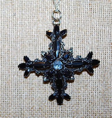 Black MALTESE CROSS NECKLACE PENDANT (2" x 2") with Black Acrylic Segments, Clear Stones & Lobster Clasp and Silver Tone...
