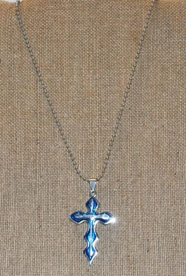 Silver on Blue Cross PENDANT (3 " x 1 ¼") on a Silver Necklace 23" L