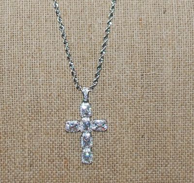 Large Rectangle Beveled Clear Stones CROSS 1½" x ¾" on a Heavy Twisted Style Silver Tone Necklace Chain 18" L