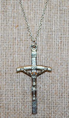 Metal Silver Tone CROSS with a Down Curved Cross-Brace & a Silver Tone Necklace Chain 17" L