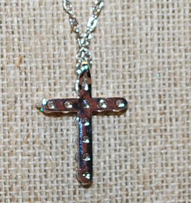 Diamond-Style Clear Stones CROSS with 7 Down & 5 Across Setting 1" x ¾" on a Silver Tone Necklace Chain 16" L