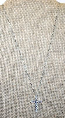 Diamond-Style Clear Stones CROSS with 7 Down & 5 Across Setting 1" x ¾" on a Silver Tone Necklace Chain 16" L