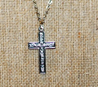 Small "Thorns Cross" PENDANT (1¼" x ¾") on a Silver Tone Necklace Chain 20" L