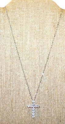 11 Diamond Style Bright Stones Cross PENDANT (1¼" x 1") Back Hook Attachment on a Silver Tone Necklace Chain 17" L