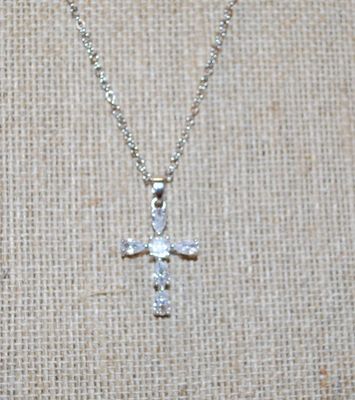 6 Pear Shaped Clear Stones Cross PENDANT (1" x ¾") on a Silver Tone Necklace Chain 17" L