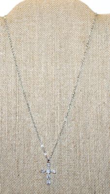 6 Pear Shaped Clear Stones Cross PENDANT (1" x ¾") on a Silver Tone Necklace Chain 17" L