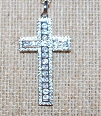 Straight Line Clear Stones Cross PENDANT (1½" x 1") on a Silver Tone Necklace Chain 18" L