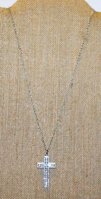 Straight Line Clear Stones Cross PENDANT (1½" x 1") on a Silver Tone Necklace Chain 18" L