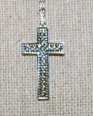 Straight Line Clear Stones Cross PENDANT (1½" x 1") on a Silver Tone Necklace Chain 18" L