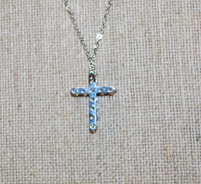 11 Clear ROUND Stones Cross PENDANT (1¼" x ¾") on a Silver Tone Necklace Chain 17" L