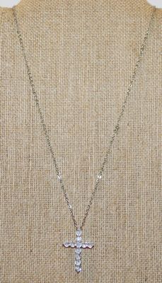 11 Clear ROUND Stones Cross PENDANT (1¼" x ¾") on a Silver Tone Necklace Chain 17" L