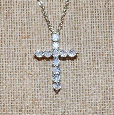 11 Clear ROUND Stones Cross PENDANT (1¼" x ¾") on a Silver Tone Necklace Chain 17" L