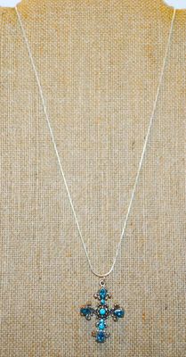 Fleur-de-Lis Blue Stones Cross PENDANT (1¾" X 1") on a .925 Silver Chain 18" L