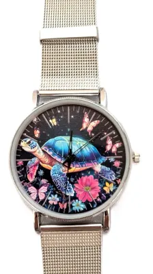 Sale Photo Thumbnail #5: "BLUE TURTLE with BUTTERFLIES" WATCH with BAND: (Flexible Metal "MESH" Silver Tone 9") DIAL: (1½"  Turtle + ROUND) BATTERY: Button 20 mm  *EXTRA BATTERY INCL.*
ALL ITEMS SHIPPED FREE