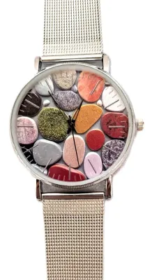 Sale Photo Thumbnail #9: Colorful  "FLAT STONES" WATCH with BAND: (Flexible Metal "MESH" Silver Tone 9") DIAL: (1½"  Stones + ROUND) BATTERY: Button 20 mm  *EXTRA BATTERY INCL.*
ALL ITEMS SHIPPED FREE