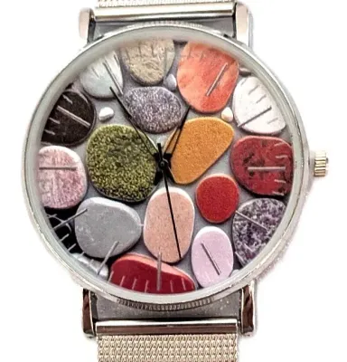Sale Photo Thumbnail #10: Colorful  "FLAT STONES" WATCH with BAND: (Flexible Metal "MESH" Silver Tone 9") DIAL: (1½"  Stones + ROUND) BATTERY: Button 20 mm  *EXTRA BATTERY INCL.*
ALL ITEMS SHIPPED FREE