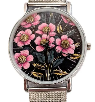 Sale Photo Thumbnail #40: Beautiful "PINK FLOWERS" WATCH with BAND: (Flexible Metal "MESH" Silver Tone 9") DIAL: (1½"  Pink Flowers + ROUND) BATTERY: Button 20 mm  *EXTRA BATTERY INCL.*
ALL ITEMS SHIPPED FREE