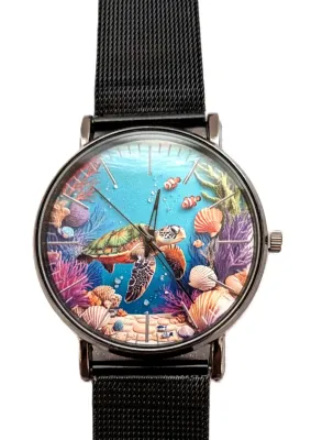 Sale Photo Thumbnail #43: "SEA TURTLE with SHELLS" WATCH with BAND: (Flexible Metal "MESH" BLACK Tone 9") DIAL: (1½"  Turtle + ROUND) BATTERY: Button 20 mm  *EXTRA BATTERY INCL.*
ALL ITEMS SHIPPED FREE