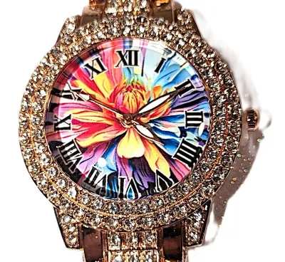 Sale Photo Thumbnail #52: ROSE GOLD Colored VERY JEWELED BAND + DIAL "Yellow & Pink Flower" WATCH with BAND: (Rose Gold Tone, Clear Stones Segments 8") DIAL: (1¼" Yellow Flower, Gold Tone with Jeweled Surround + Round) BATTERY: Button 20 mm  *EXTRA BATTERY INCL.*
ALL ITEMS SHIPPE