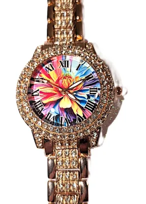 Sale Photo Thumbnail #51: ROSE GOLD Colored VERY JEWELED BAND + DIAL "Yellow & Pink Flower" WATCH with BAND: (Rose Gold Tone, Clear Stones Segments 8") DIAL: (1¼" Yellow Flower, Gold Tone with Jeweled Surround + Round) BATTERY: Button 20 mm  *EXTRA BATTERY INCL.*
ALL ITEMS SHIPPE