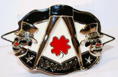 "Almany" Clover Leaf with Skulls & Hats Belt Buckle 4 1/2" x 3"