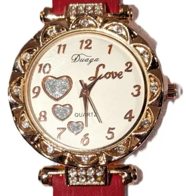 Sale Photo Thumbnail #83: *JEWELED TRIPLE HEARTS" WATCH with BAND: (RED/Rubber 8¾") DIAL: (1¼" WHITE, Jeweled Gold Tone Beveled Surround + ROUND) BRAND: (DUAGA) BATTERY: Button 20 mm  *EXTRA BATTERY INCL.*
ALL ITEMS SHIPPED FREE