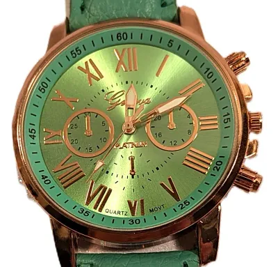 Sale Photo Thumbnail #87: BRIGHT GREEN Double Dials WATCH + Luminescent Hands-BAND: (Green 9" Faux Leather) DIAL: (1½" Green, Round, Rose Gold Edge) BRAND: (Geneva) BATTERY: Button 20 mm  *EXTRA BATTERY INCL.*
ALL ITEMS SHIPPED FREE