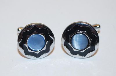 NEW CUFFLINKS SET with Baby Blue Round Stone & Black "Wave" Surround on a Silver Tone Setting