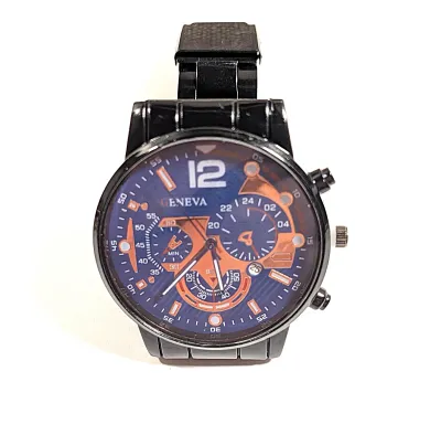 Sale Photo Thumbnail #105: BLUE & ORANGE Triple Dials WATCH + Luminescent Hands-BAND: (Faux Leather, Black 10") DIAL: (Round, 1½" Diam.) BRAND: (Geneva) BATTERY: Button 20 mm  *EXTRA BATTERY INCL.*
ALL ITEMS SHIPPED FREE