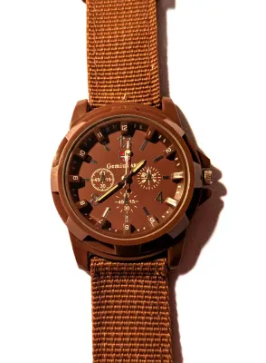Sale Photo Thumbnail #110: *BROWN SPORTS" WATCH with BAND: (BROWN/Canvas 9") DIAL: (1½" Brown, Acrylic Surround + ROUND) BRAND: (GEMIUS) BATTERY: Button 20 mm  *EXTRA BATTERY INCL.*
ALL ITEMS SHIPPED FREE