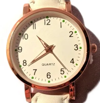 Sale Photo Thumbnail #124: "UNADORNED SIMPLICITY DIAL" WATCH with BAND: (WHITE, Faux Leather-Style) DIAL: (1" Luminescent Hands, WHITE with Rose Gold Surround + ROUND) BATTERY: Button 20 mm  *EXTRA BATTERY INCL.*
ALL ITEMS SHIPPED FREE