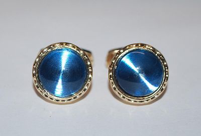 NEW CUFFLINKS SET with Deep Blue ROUND Stone Center & Gold Tone Surround on a Gold Tone Setting