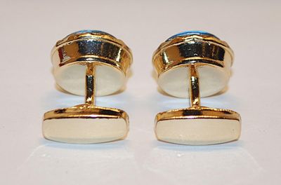NEW CUFFLINKS SET with Deep Blue ROUND Stone Center & Gold Tone Surround on a Gold Tone Setting