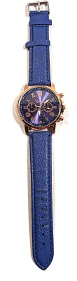 Sale Photo Thumbnail #135: DARK BLUE Double Dials WATCH + Luminescent Hands-BAND: (Dark Blue 9" Faux Leather) DIAL: (1½" Dark Blue, Round, Rose Gold Edge) BRAND: (Geneva) BATTERY: Button 20 mm  *EXTRA BATTERY INCL.*
ALL ITEMS SHIPPED FREE