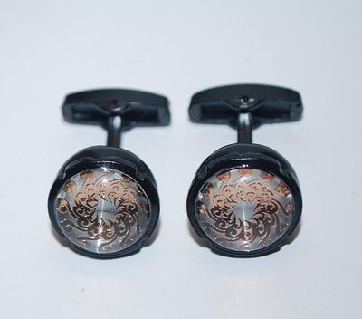 NEW CUFFLINKS SET with a ROUND Shape & Rose Gold-Tone Circle Design on Clear Center & with an All BLACK Tone Setting