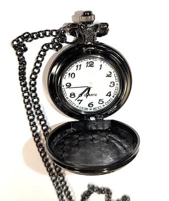 Sale Photo Thumbnail #156: "DASHING WHITE HORSE" POCKET WATCH with Black Chain (30" L . Chain/Lobster Clasp) and BLACK Tone Case & Setting**EXTRA BATTERY INCLUDED**

Dial: Analog
Opening: Top-Push Knob
ALL ITEMS SHIPPED FREE