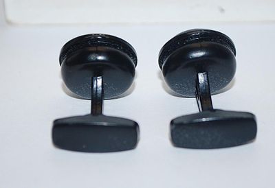 NEW CUFFLINKS SET with a ROUND Shape & Dark Gray/Blue Center + Gold Tone Surround & an All BLACK Tone Setting