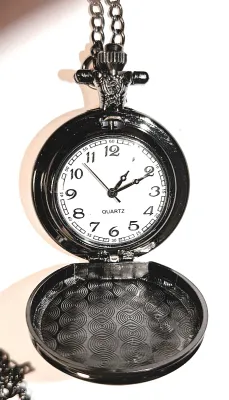 Sale Photo Thumbnail #161: Colorful "SUN & MOON" POCKET WATCH with Black Chain (30" L . Chain/Lobster Clasp) and BLACK Tone Case & Setting**EXTRA BATTERY INCLUDED**

Dial: Analog
Opening: Top-Push Knob
ALL ITEMS SHIPPED FREE