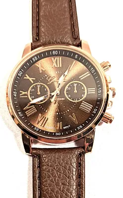 Sale Photo Thumbnail #179: BROWN Double Dials WATCH + Luminescent Hands-BAND: (Brown 9" Faux Leather) DIAL: (1½" Brown, Round, Rose Gold Edge) BRAND: (Geneva) BATTERY: Button 20 mm  *EXTRA BATTERY INCL.*
ALL ITEMS SHIPPED FREE