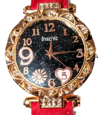 Sale Photo Thumbnail #184: GLITTERY *9* LOVE *PINK 5* HEART* WATCH with BAND: (RED/Faux Leather 8¾") DIAL: (1¼" BLACK, Jeweled Rose Gold Beveled Surround + ROUND) BATTERY: Button 20 mm  *EXTRA BATTERY INCL.*
ALL ITEMS SHIPPED FREE